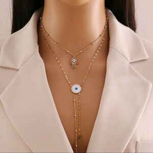 Gold Evil Eye Necklace with Hamsa Charms